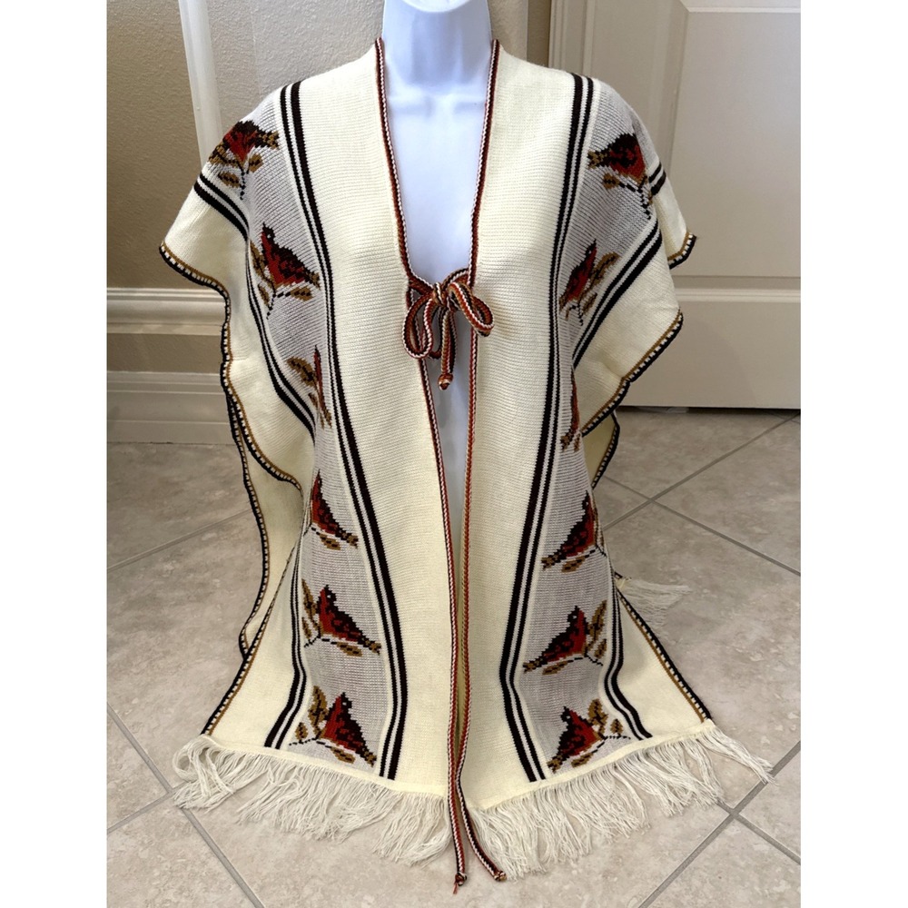 Vtg 70s Knit Red Bird‎ Poncho Nuthatch Cream Fringe Cape Southwestern Boho OS